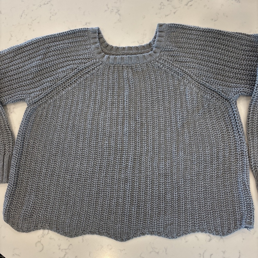 American Eagle Cropped Cotton Blend Sweater Scalloped Hem Gray Boho Women SZ LG